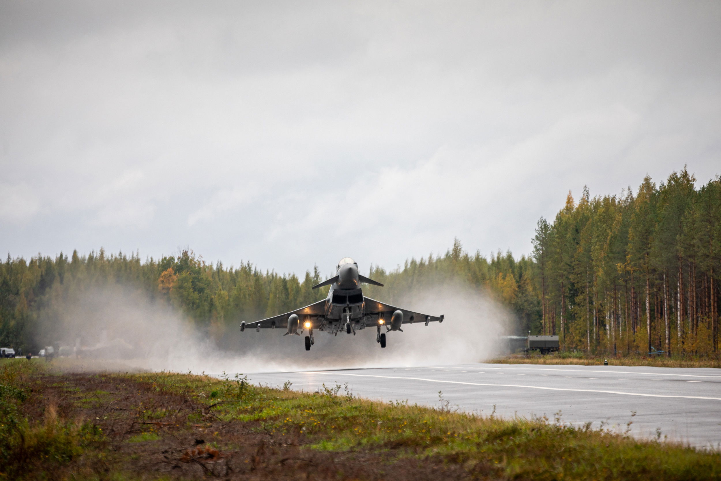Typhoon jets use road as a runway in RAF first